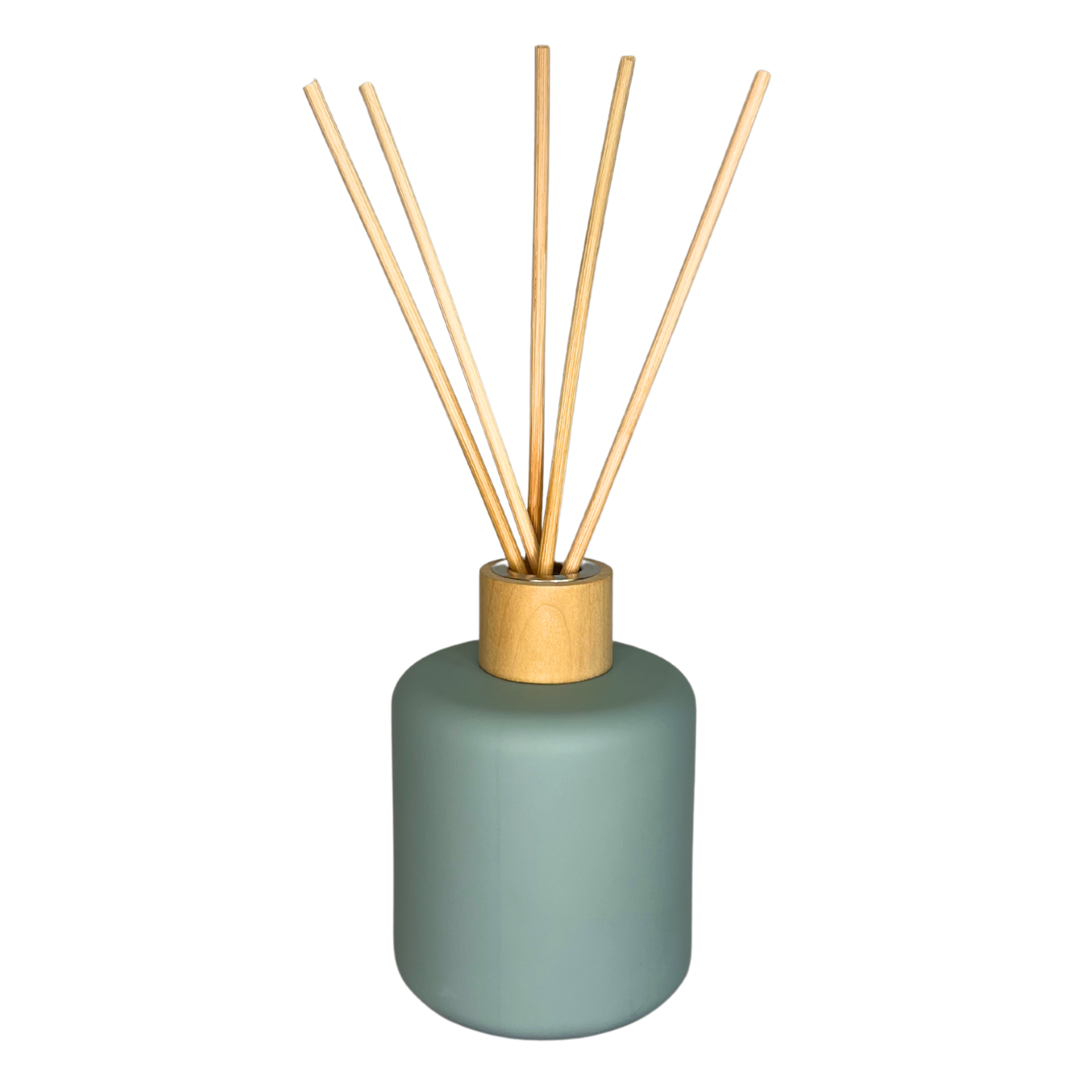 blue diffuser jar with reeds inside and timber lid