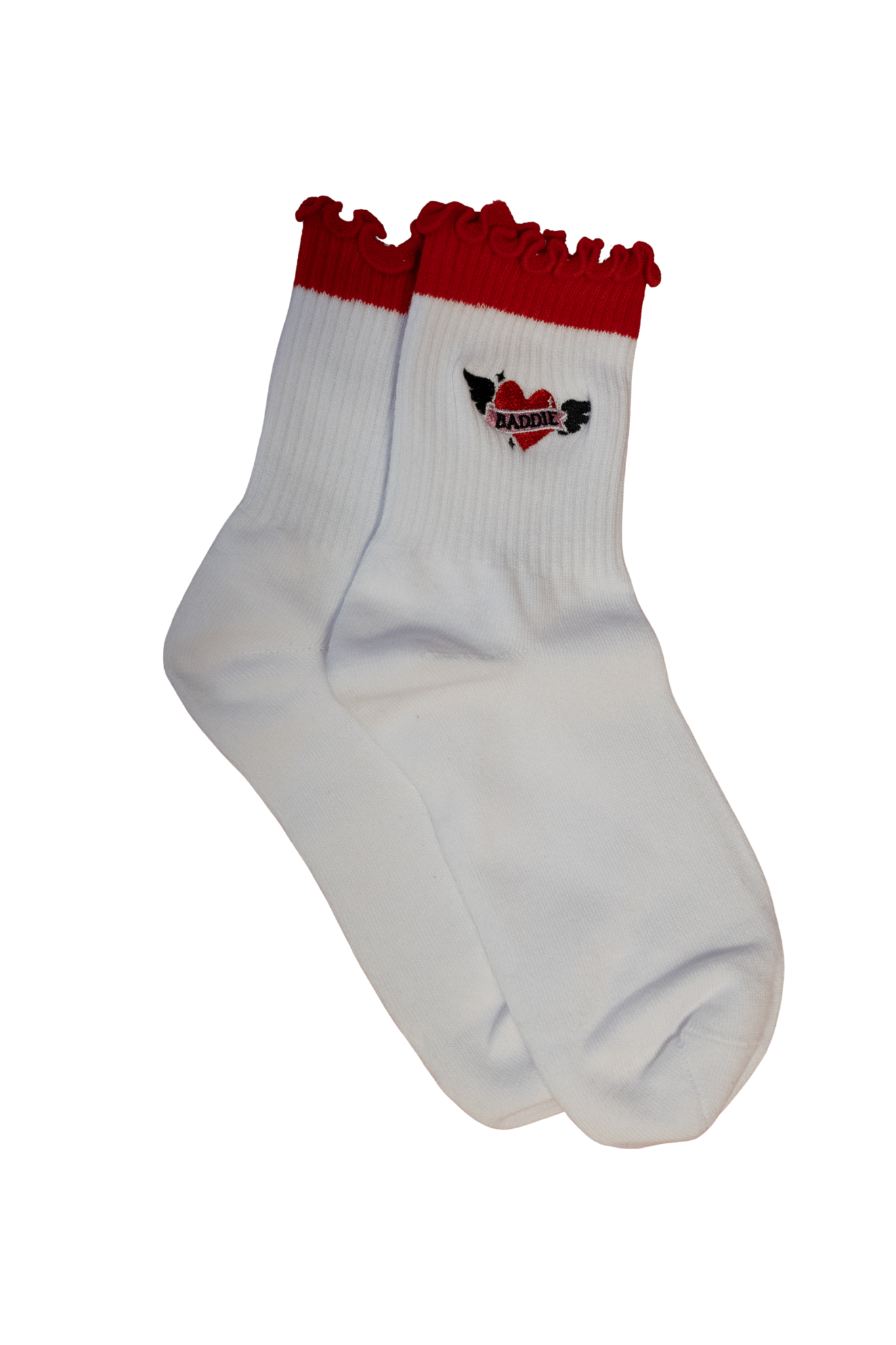 White sock with red frill cuff and black logo on a white background
