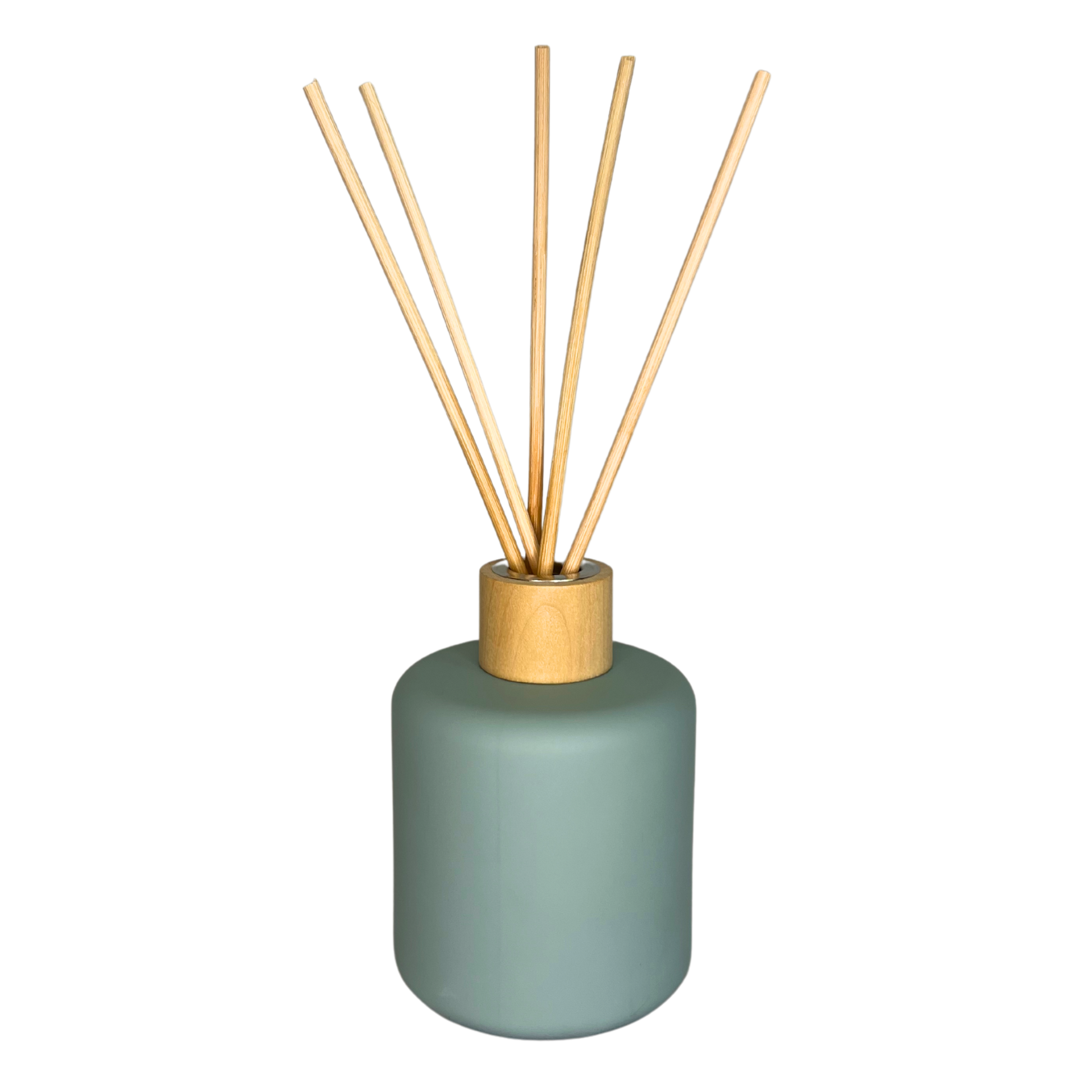 blue diffuser jar with reeds inside and timber lid